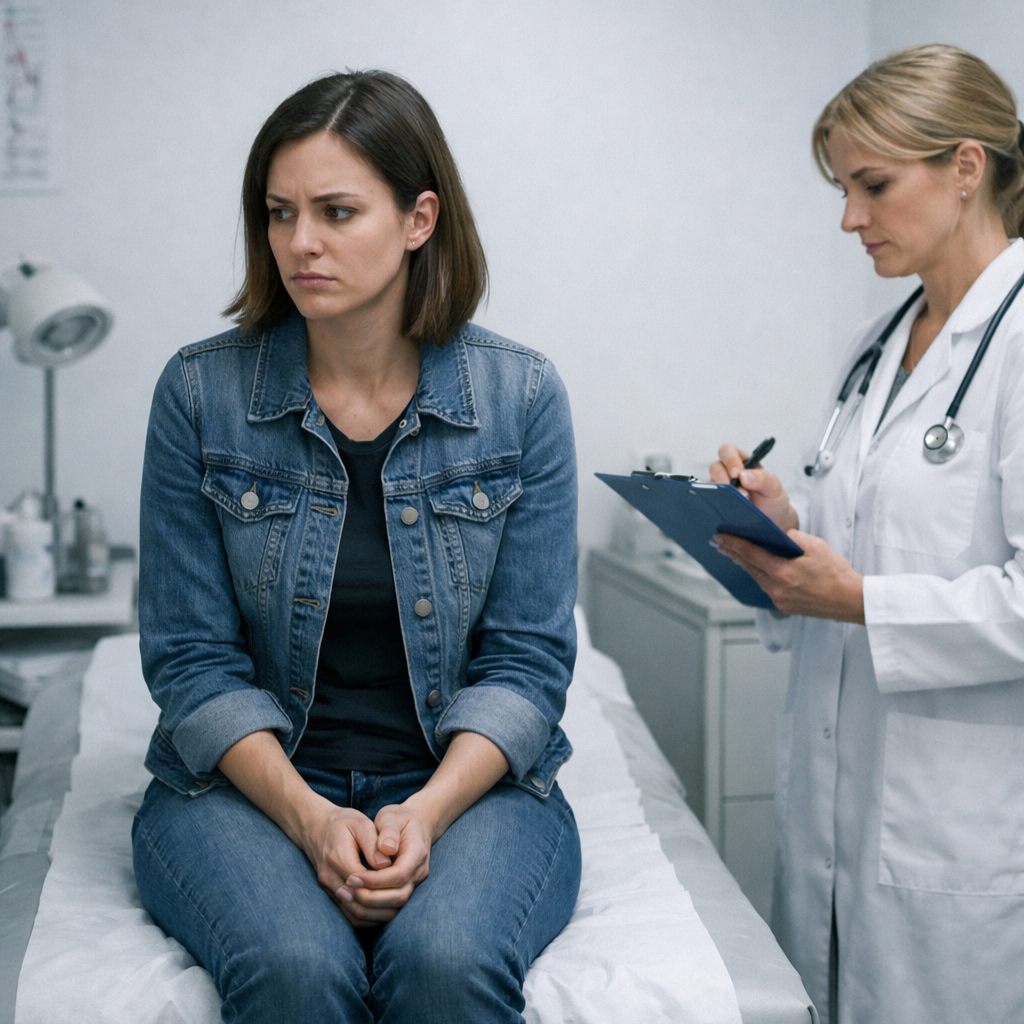 Paciente tensa e desconfortável em consulta